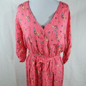 Salmon Bird Print Vneck Mini Dress SzL Long Sleeve